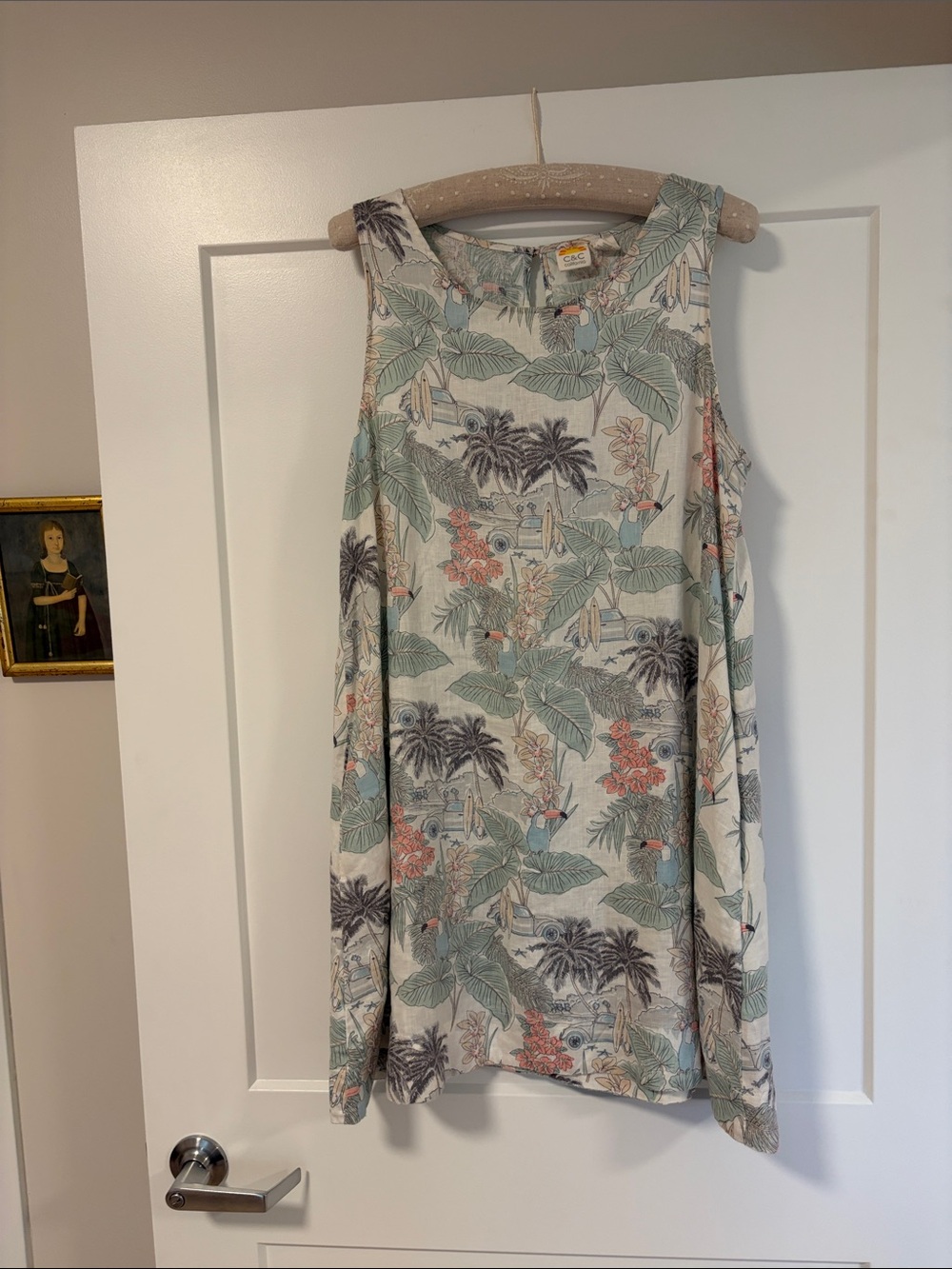 C&C California linen Tropical Print Shift Dress in Mint, Coral & Cream